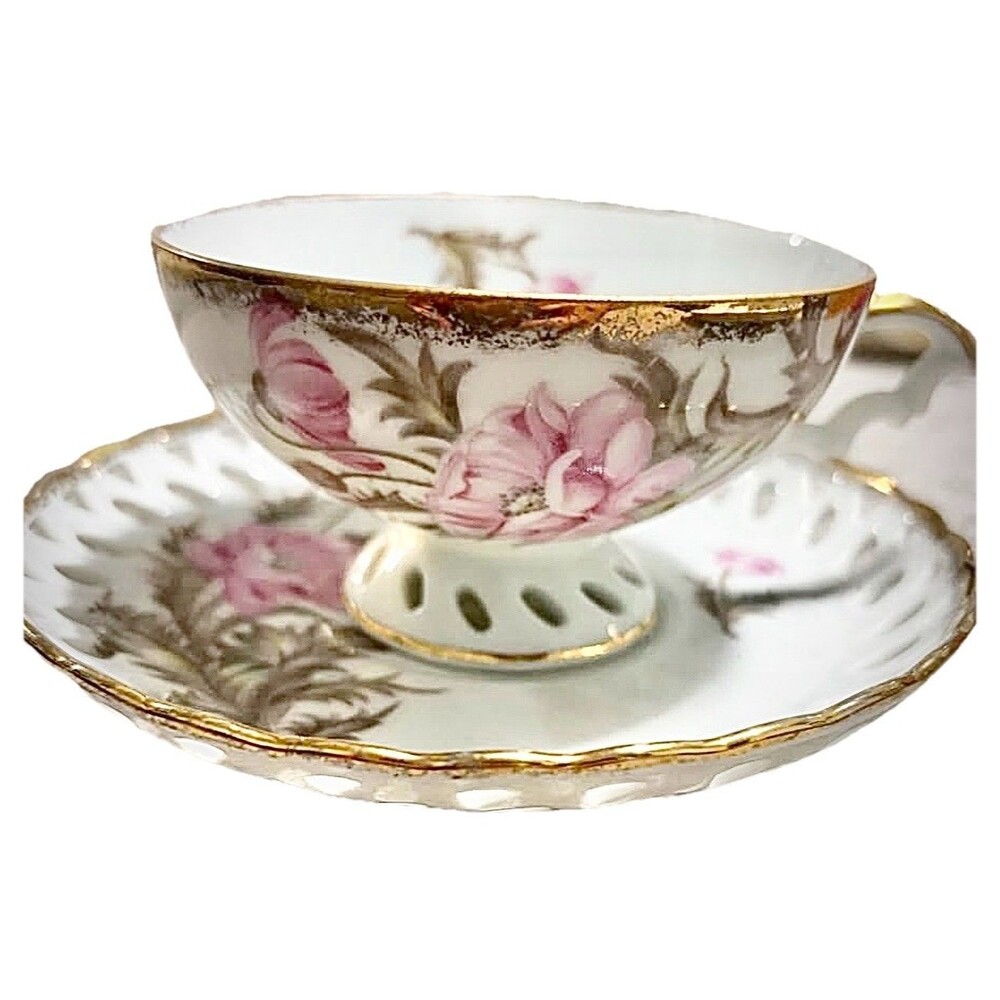 Vintage Japan Footed Teacup Saucer Pink Roses Gold Gilt Pierced Lace Cottagecore
